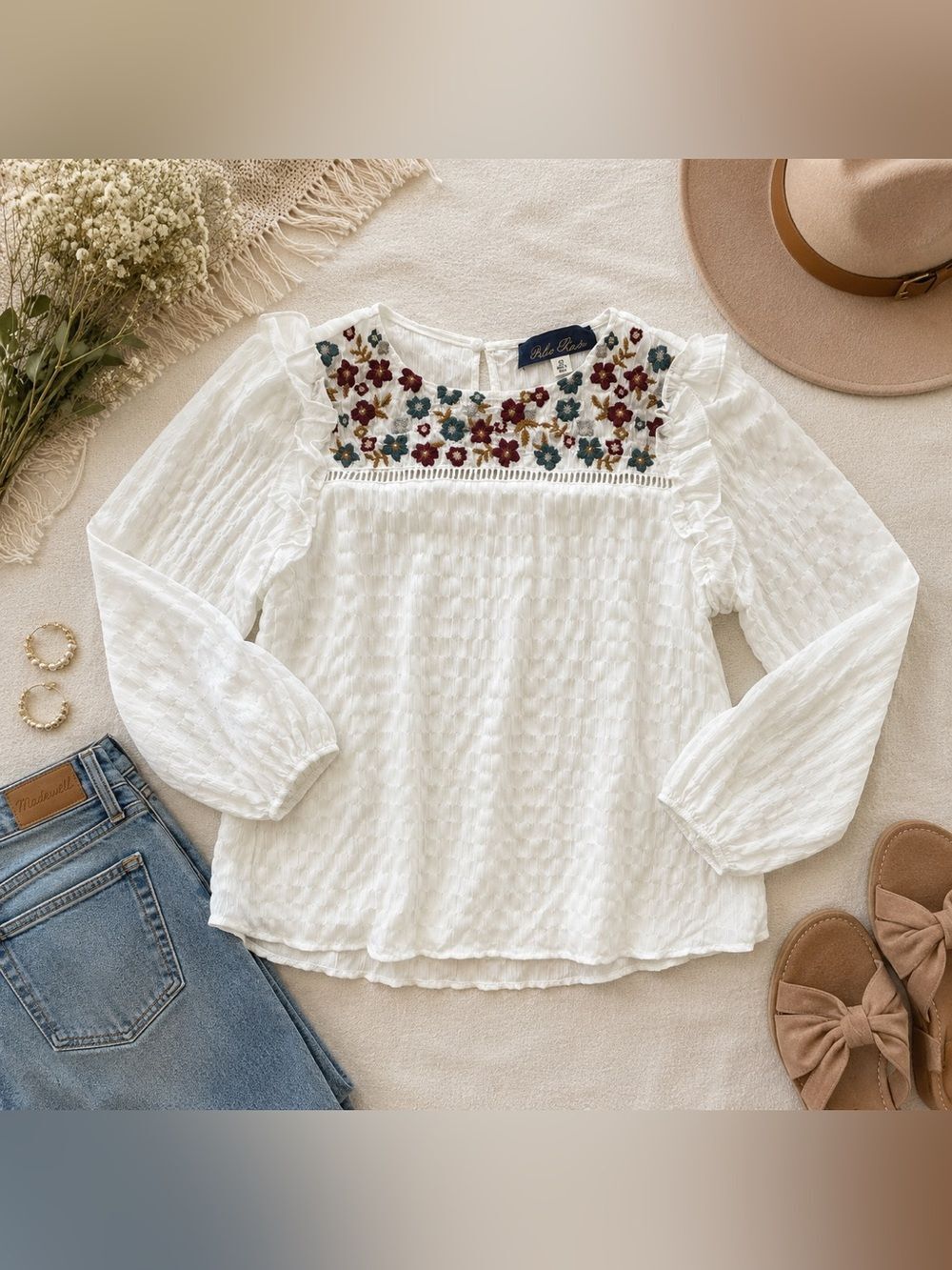 Blue Rain Floral Embroidered Smocked Peasant Blouse XS White